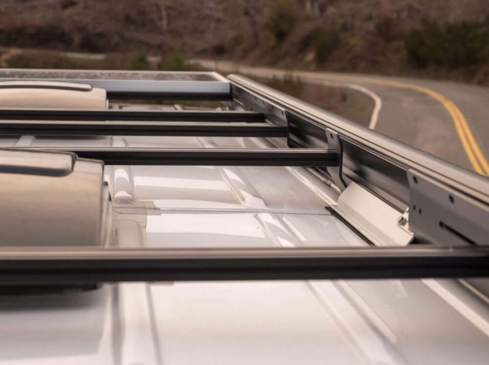 Fiamma F80 awning mounted with kit on Low Pro rack